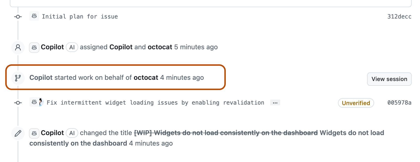Screenshot of a pull request with a series of timeline events, including "Copilot started work."